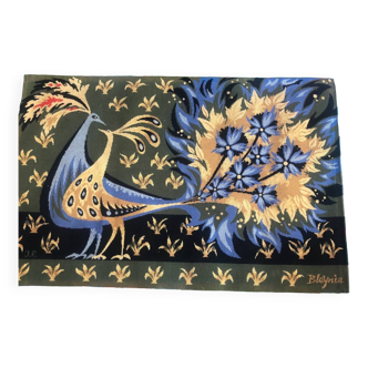 Grande tapisserie vintage bouquet d’oiseaux bleu signé Bleynie