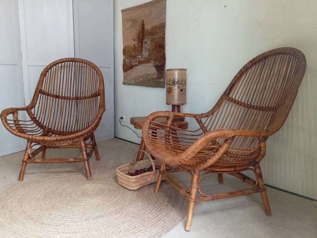 Pair of high-back rattan armchairs