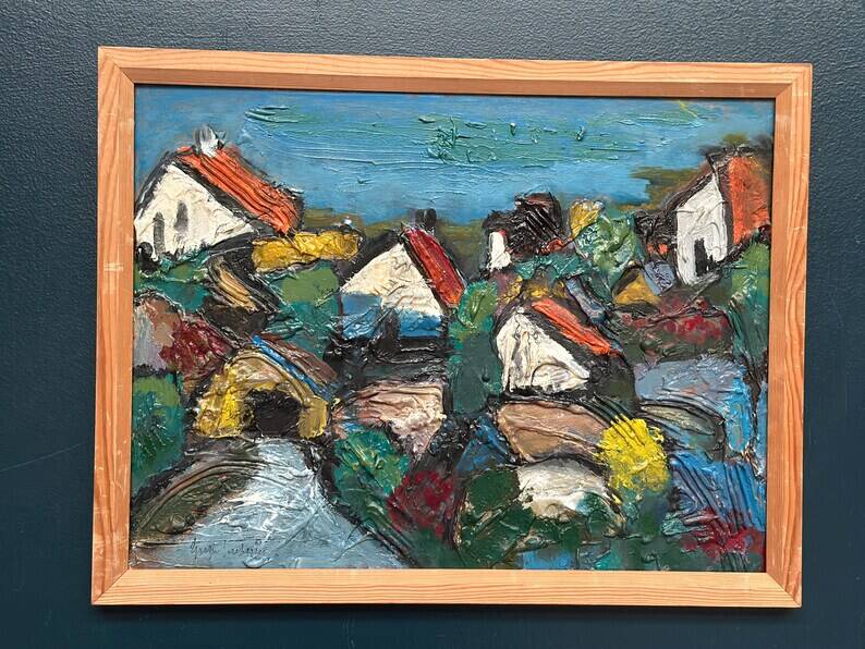 Original Swedish Oil on Panel – "Village Scene (Thick Impasto)" – Signed – Vintage and Framed