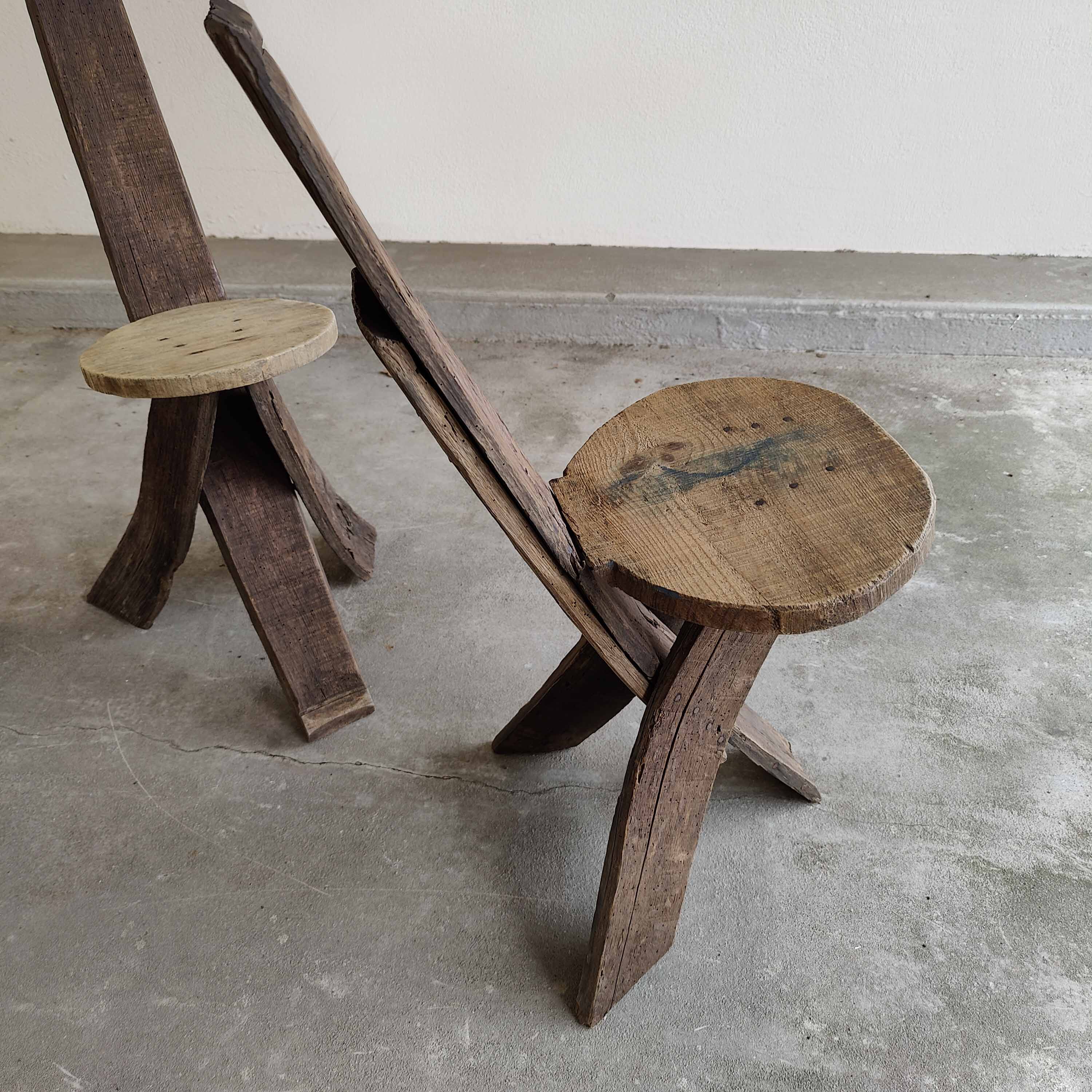 Set of 3 chairs brutalist tripod solid wood