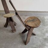 Set of 3 chairs brutalist tripod solid wood