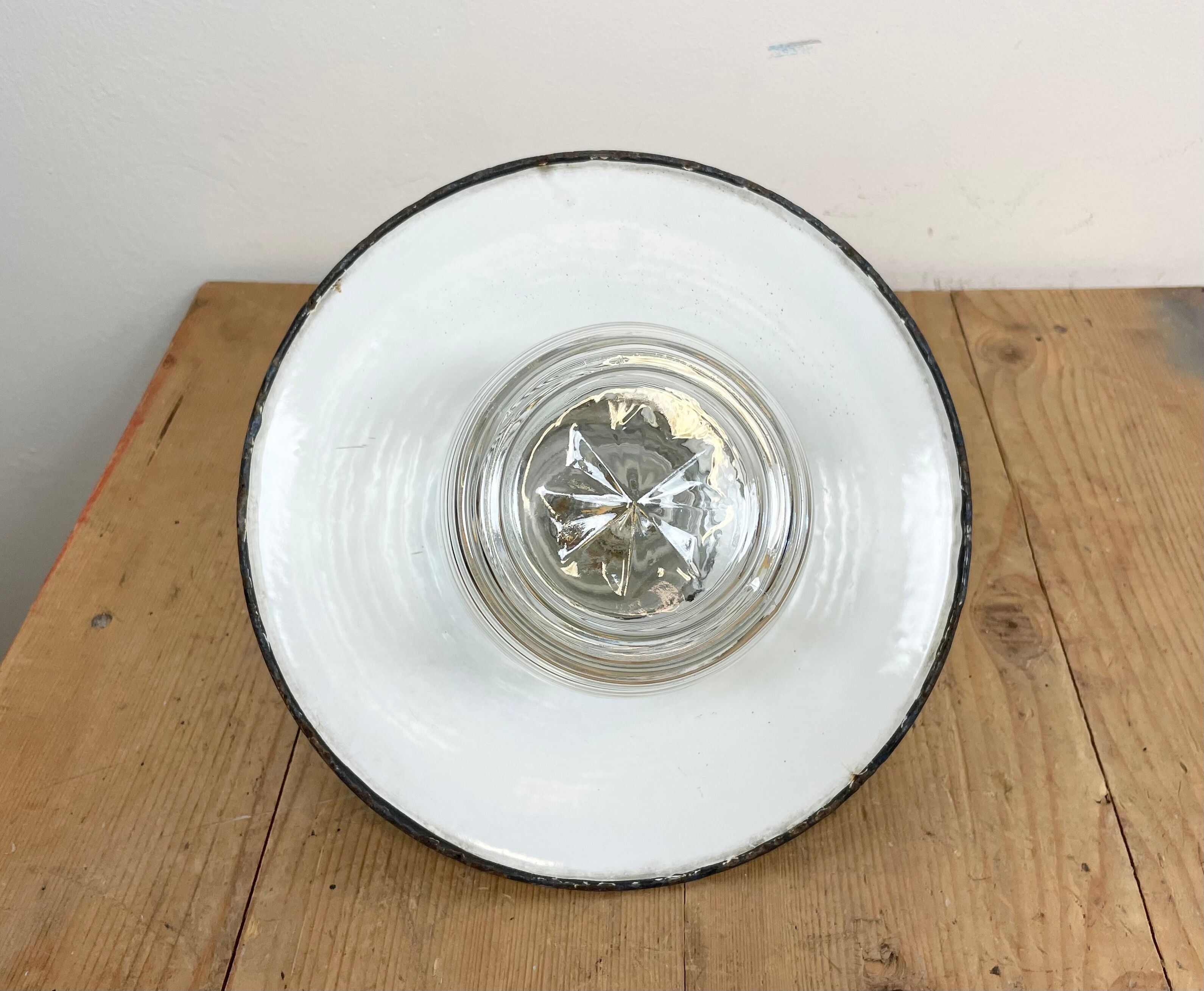 Industrial porcelain blue enamel pendant light with ribbed clear glass, 1970s