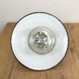 Industrial porcelain blue enamel pendant light with ribbed clear glass, 1970s