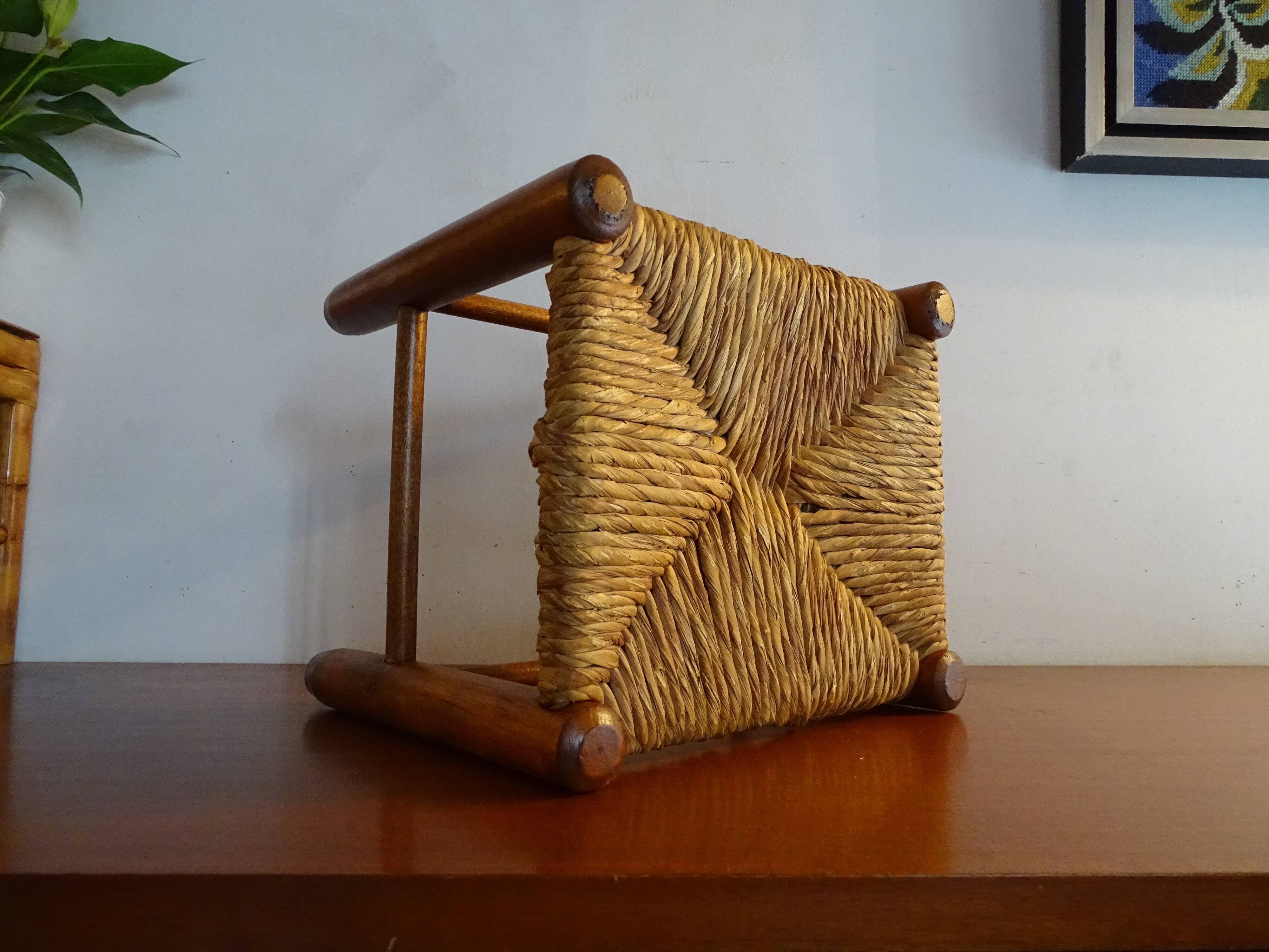 Vintage straw wood low stool
