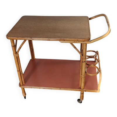 Desserte roulante bar rotin bambou terracotta
