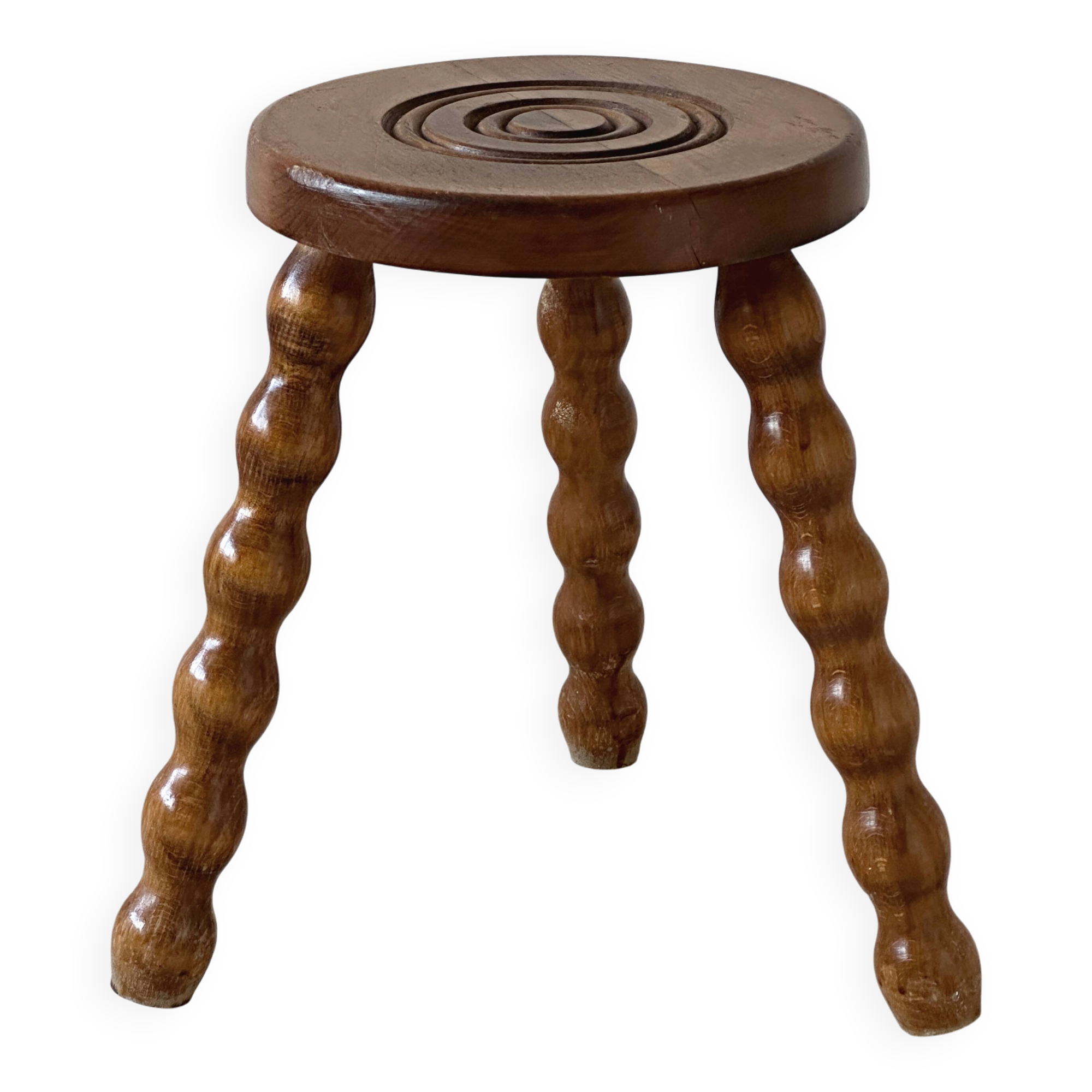 Tabouret tripode ancien, bois tourné