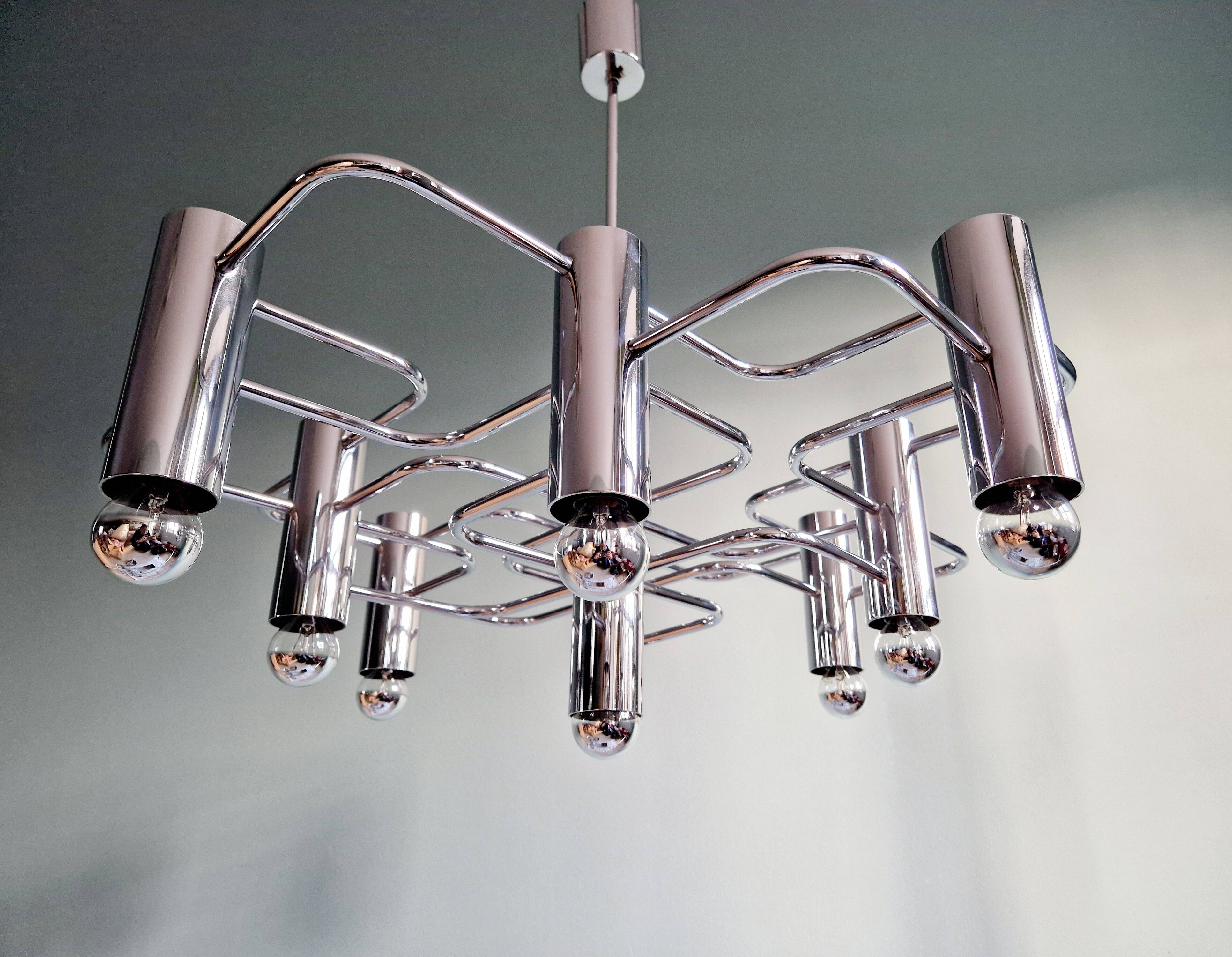 Chromed metal chandelier, design Gaetano Sciolari, 70s