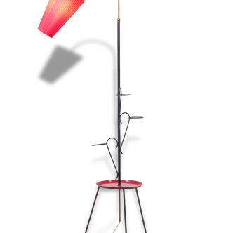 Lampadaire années 50 avec tablette en tôle et abat-jour rouge vintage 1950 rockabilly