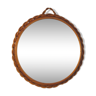 Miroir de sorcière en rotin torsadé vintage 32x32cm