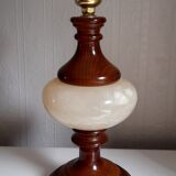 Table lamp foot turned wood and alabaster, round ecru lampshade, 50s