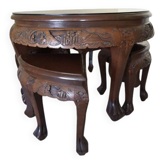 Carved coffee table and 4 built-in stools