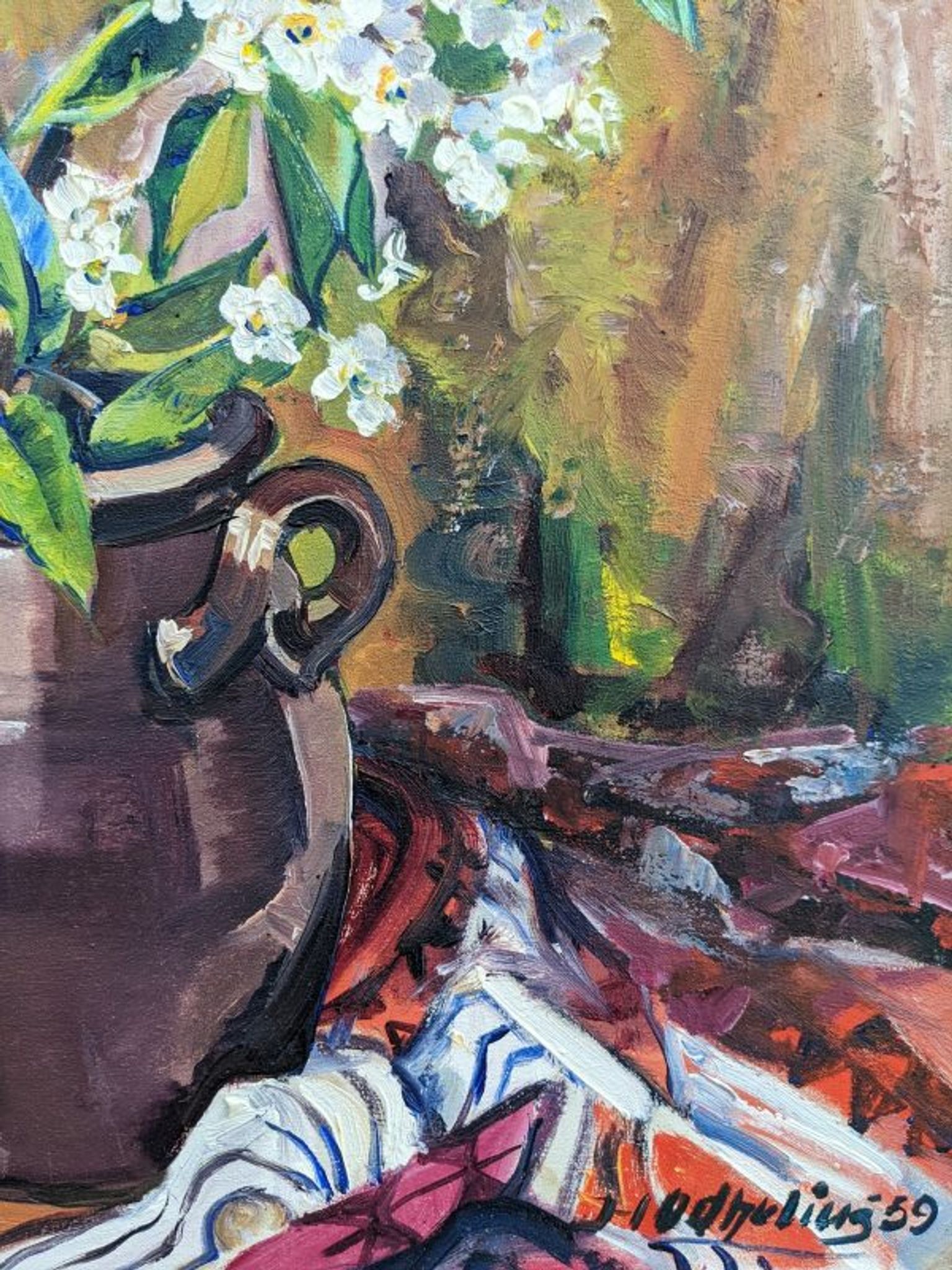 Mid 20th Century "Flower Jar" Swedish Modernist Still Life Oil Painting, Framed