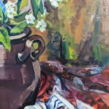 Peinture à l’huile de nature morte « pot de fleurs »  milieu du 20ème siècle