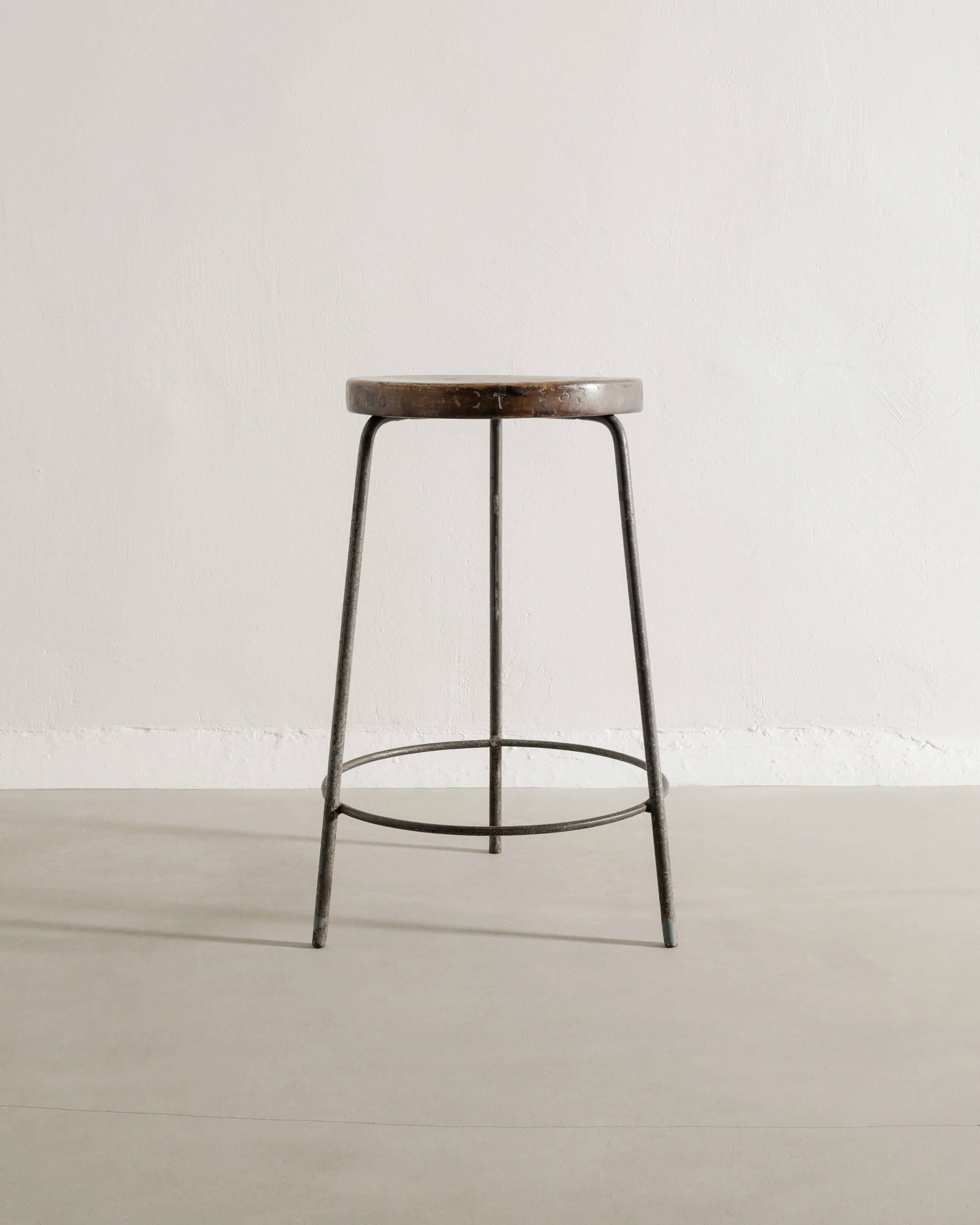 French Mid Century Wooden Iron High Bar Stool by Pierre Jeanneret, 1950s