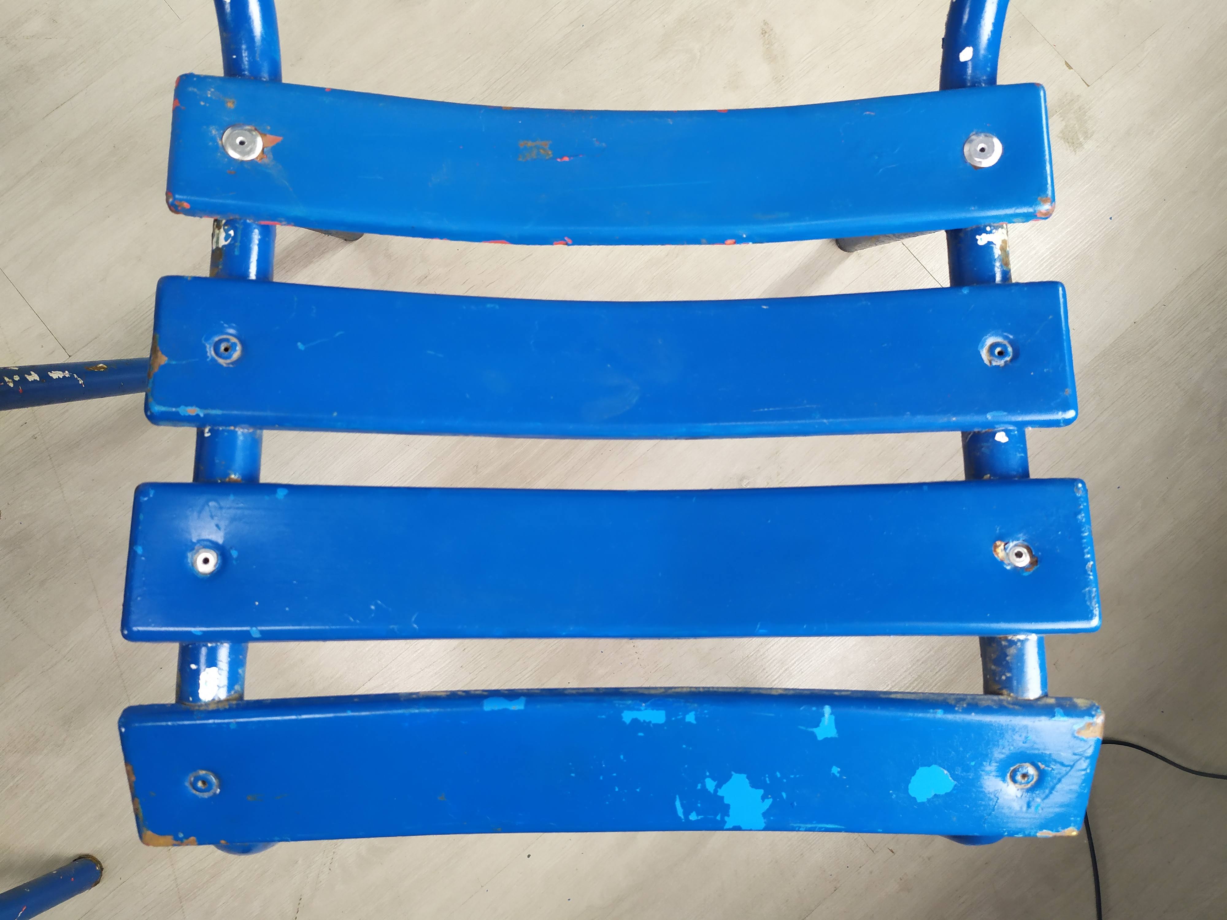 14 blue metal bistro chairs