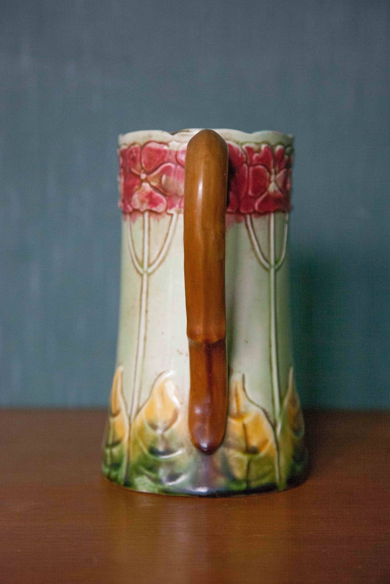 Vintage old earthenware pitcher, French pitcher, Art Nouveau, floral pattern pitcher, kitchen decor