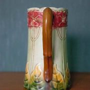 Vintage old earthenware pitcher, French pitcher, Art Nouveau, floral pattern pitcher, kitchen decor
