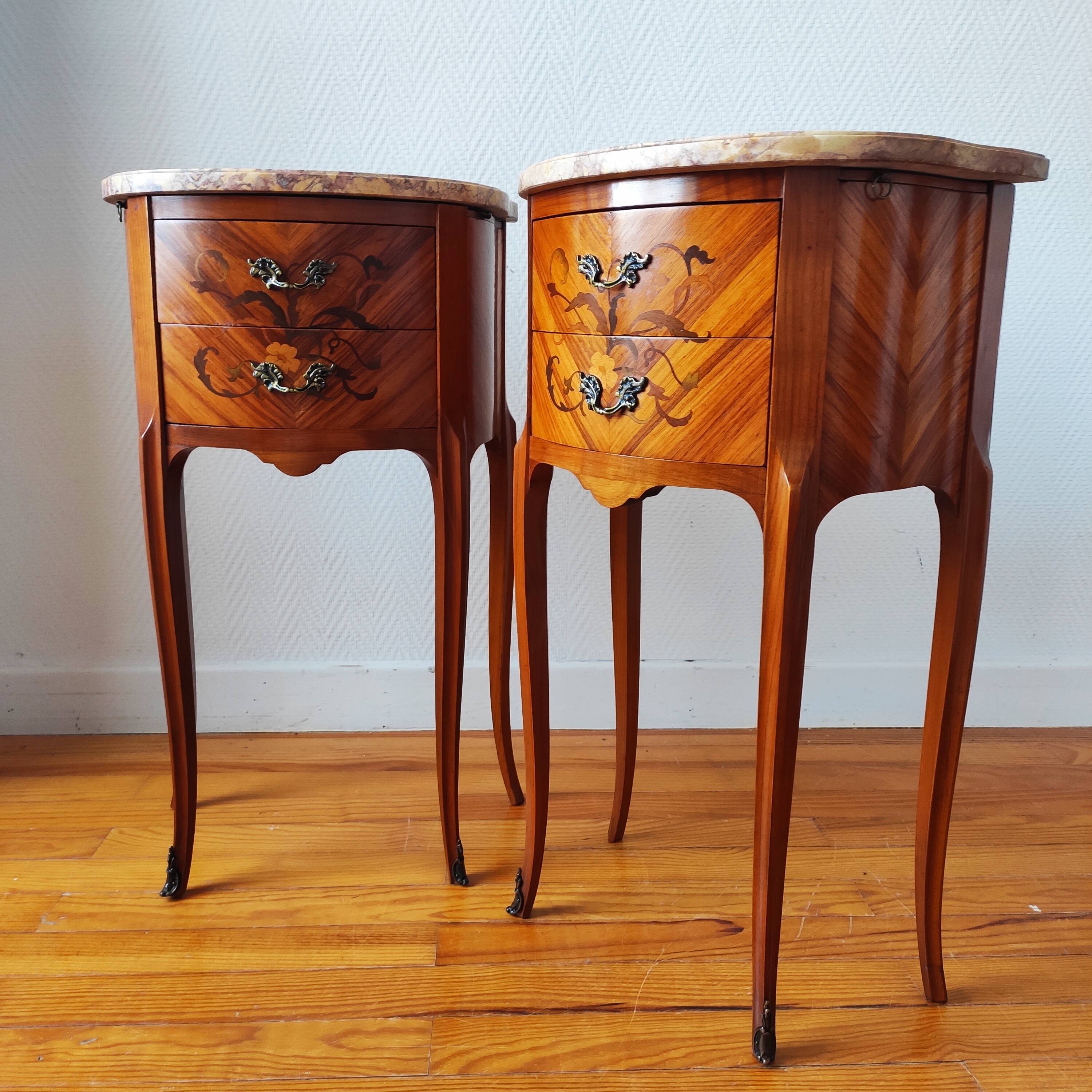 Pair of Louis XV style bedside tables with marquetry and marble.