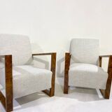 Pair of Art Deco Armchairs ,Fabric and Walnut, New Upholstery