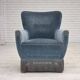 1970s, Danish armchair with footstool, blue furniture velour, oak wood legs