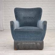1970s, Danish armchair with footstool, blue furniture velour, oak wood legs