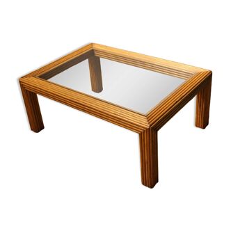 Table basse rectangulaire verre et rotin