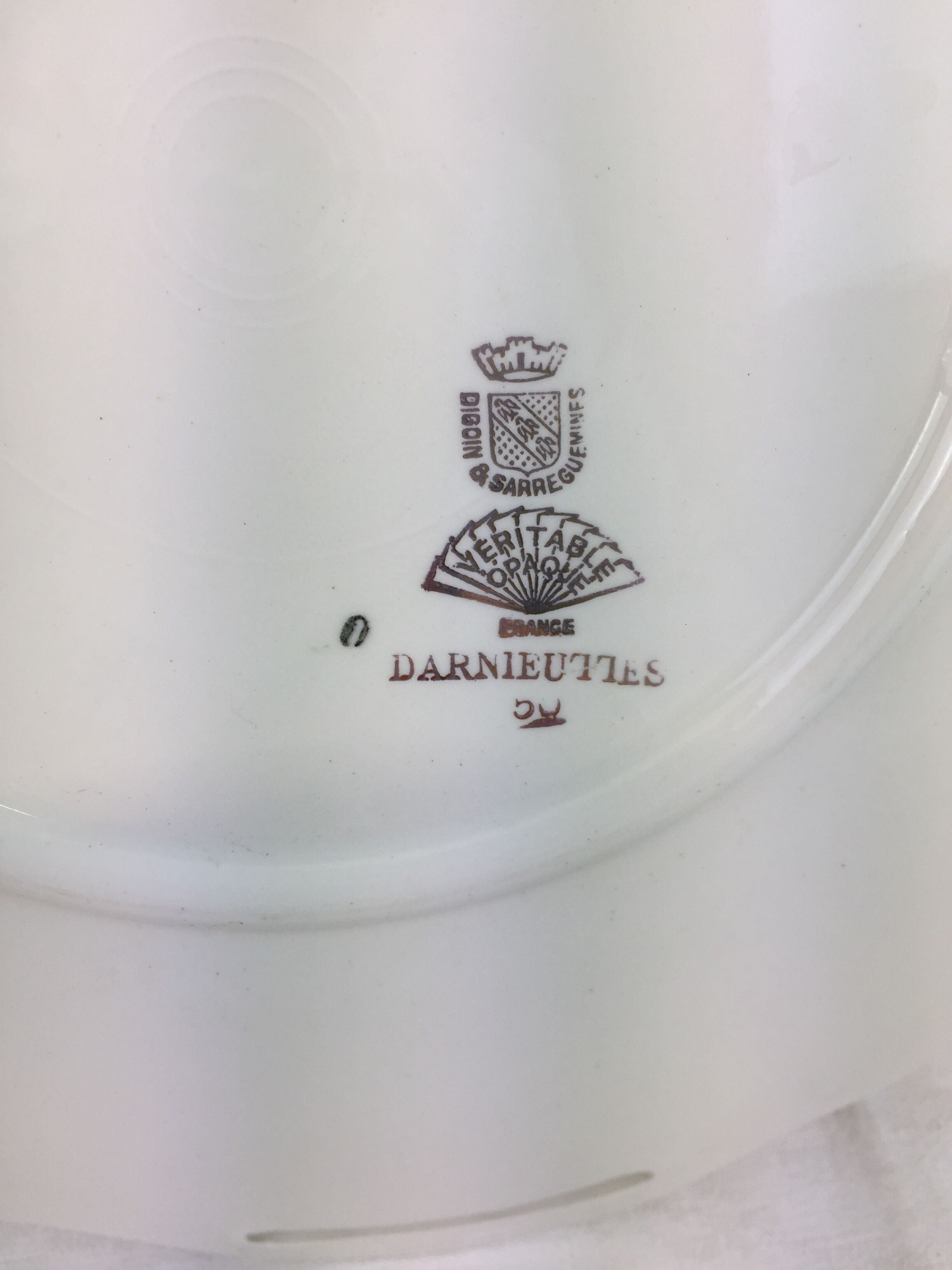 Round dish with white and gold handles made in France Digoin Sarreguemines