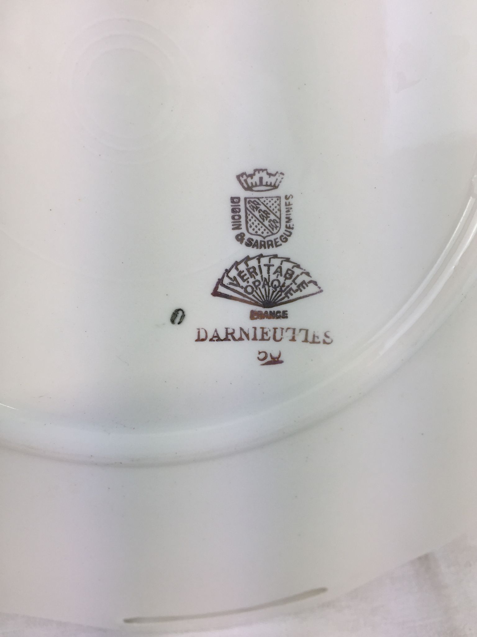 Round dish with white and gold handles made in France Digoin Sarreguemines