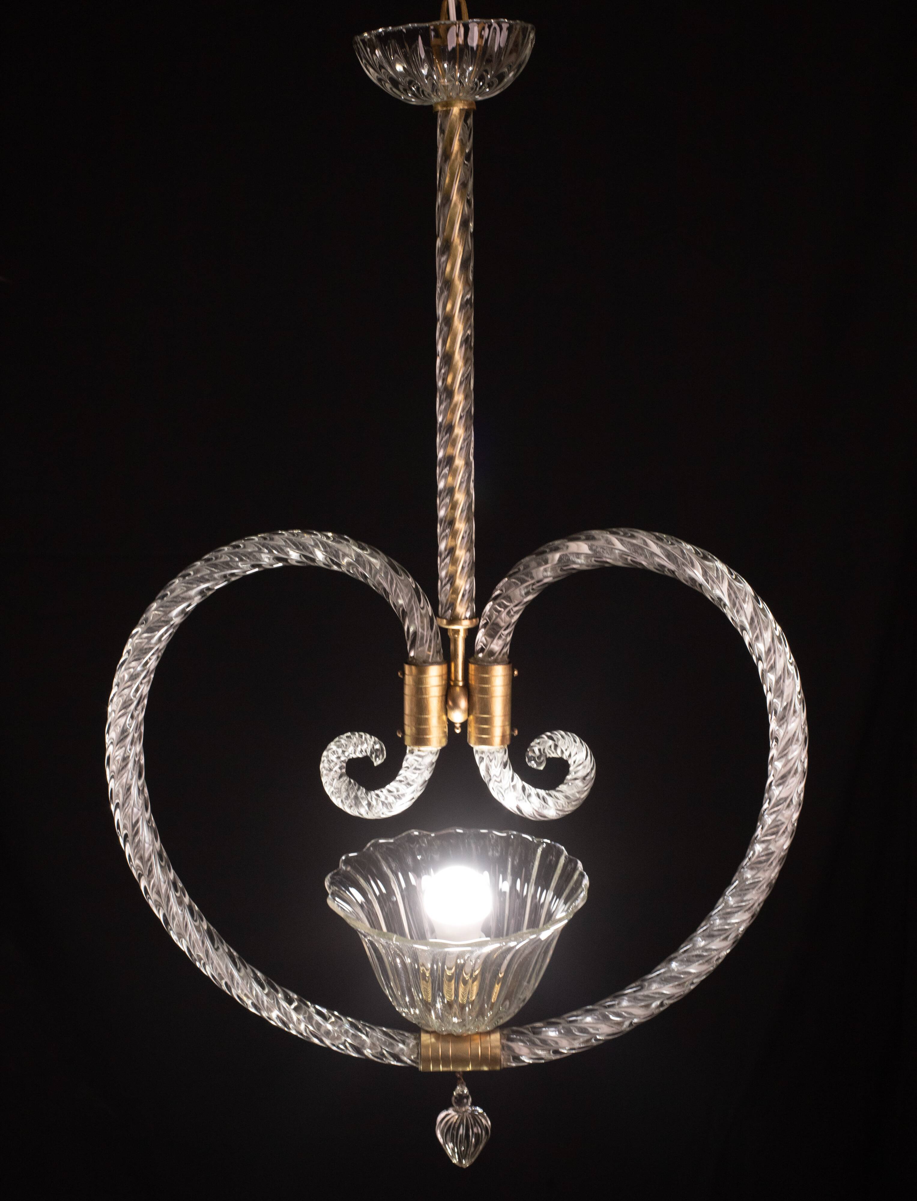 Lustre suspendu en forme de cœur art déco par barovier e toso, années 1940