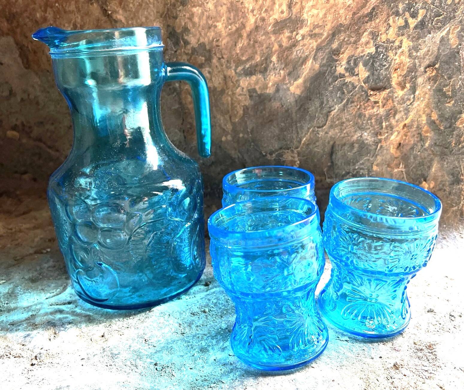 Pichet et 3 verres bleus Fidenza Vetraria Italy vintage années 1950