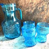 Pichet et 3 verres bleus Fidenza Vetraria Italy vintage années 1950