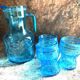 Vintage Fidenza Vetraria Italy pitcher and 3 blue glasses, 1950s