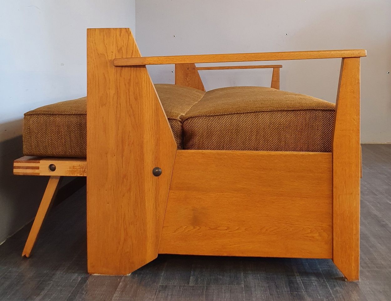 Tamara sofa bed in ash and fabric by F. Aplewicz for Lad, Polish Vintage 1950