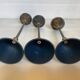 Vintage trio of blue and gold metal candle holders