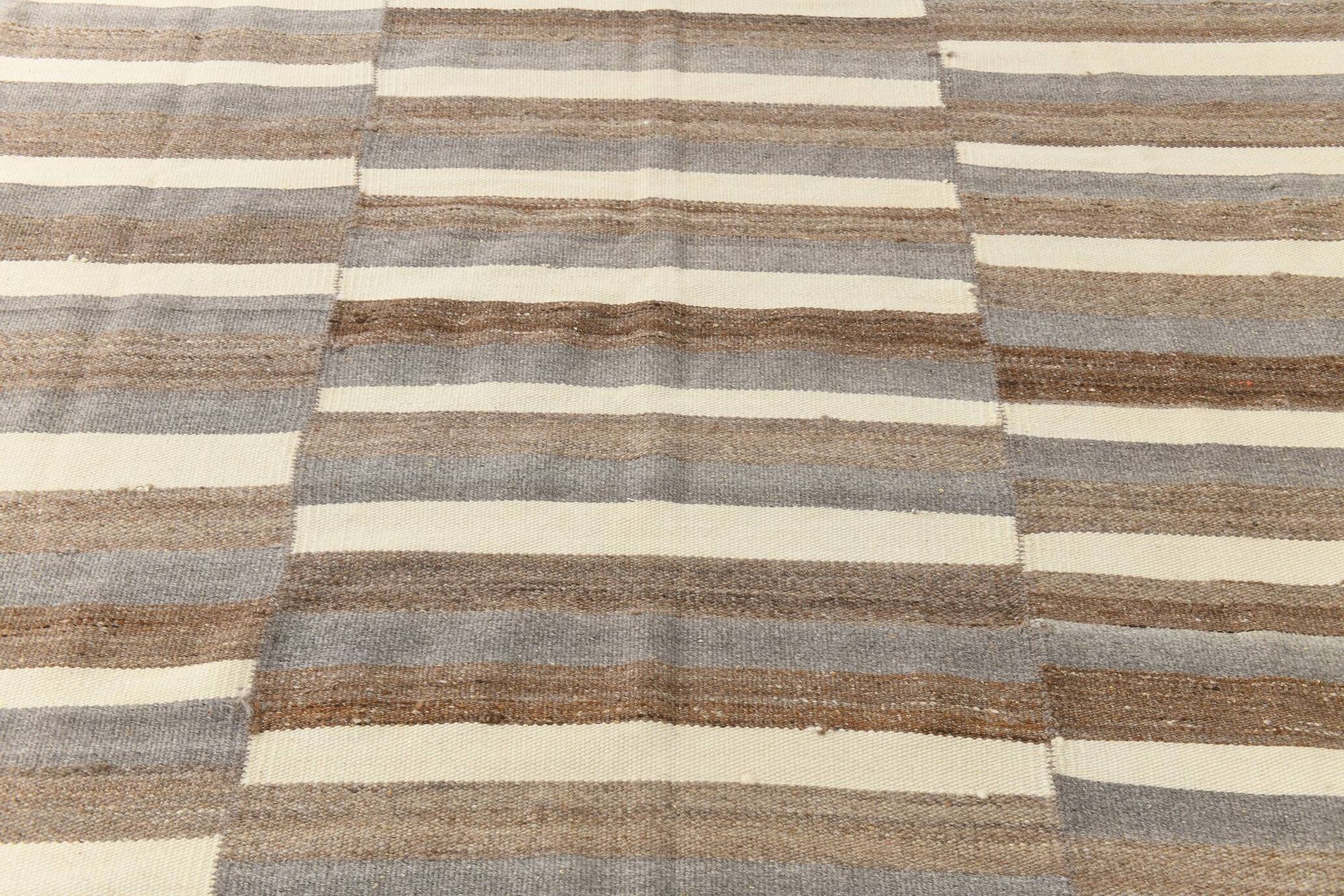 Contemporary Brown & Beige Striped Motifs Vintage Kilim Rug, 226x306Cm