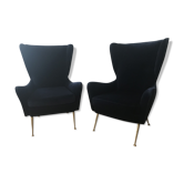 Paire de fauteuils a oreilles velours bleu nuit , 1950’s