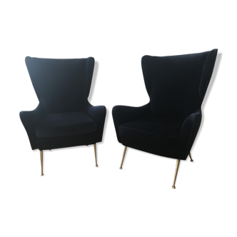 Pair of armchairs with velvet eared midnight blue , 1950's