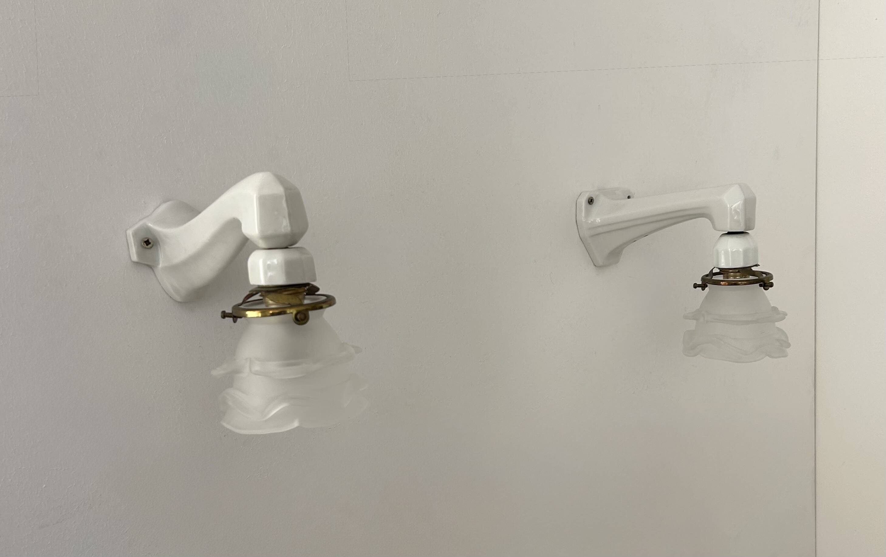 Pair of vintage art deco wall lights, porcelain and sandblasted glass, France 1930