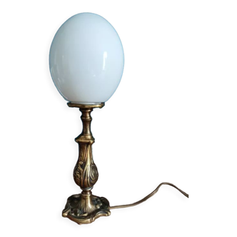 Bedside lamp globe egg glass opaline base bronze gilded patinated