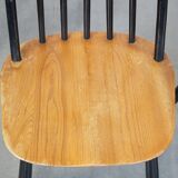 Set of 4 vintage wooden design chairs with black spindle backrest and brown seat