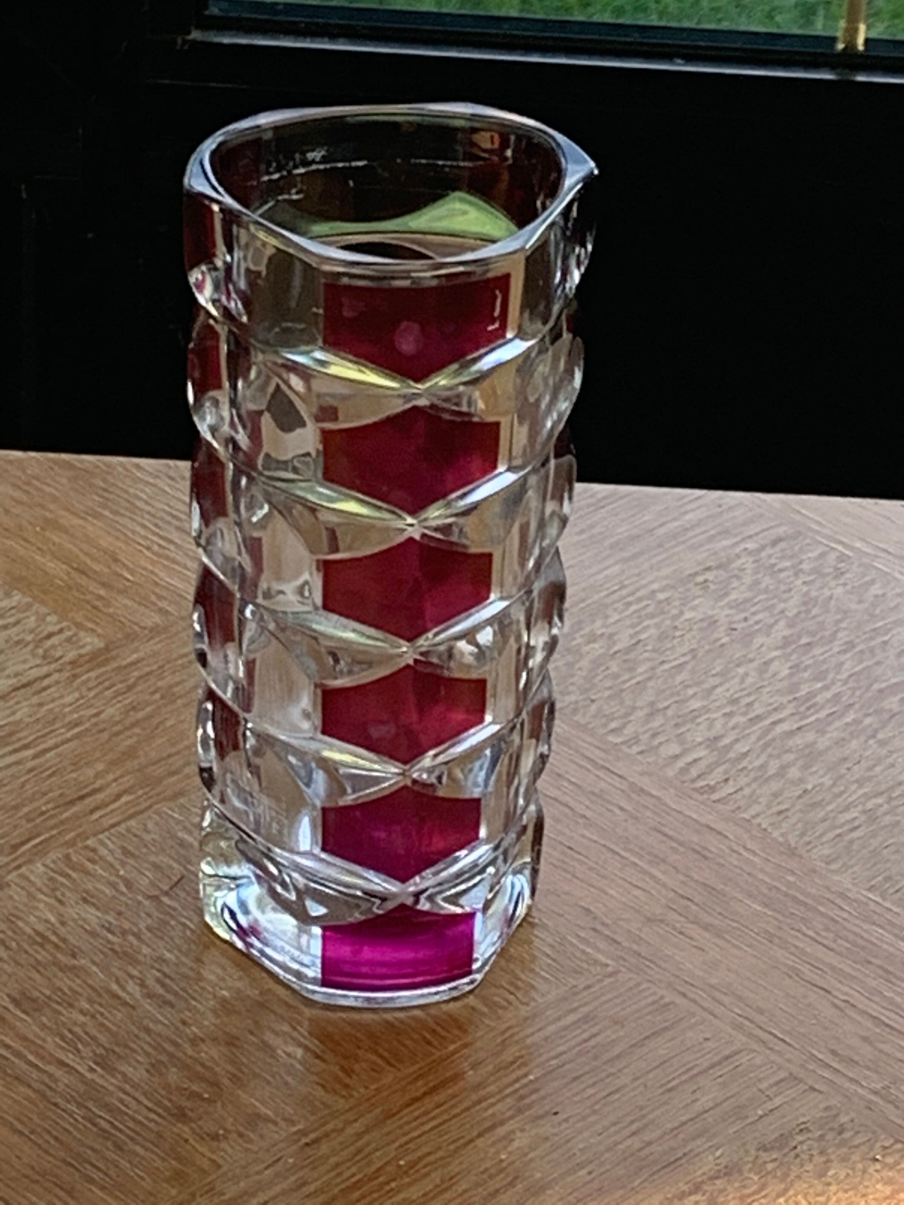 Cylindrical glass vase molded vintage geometric patterns