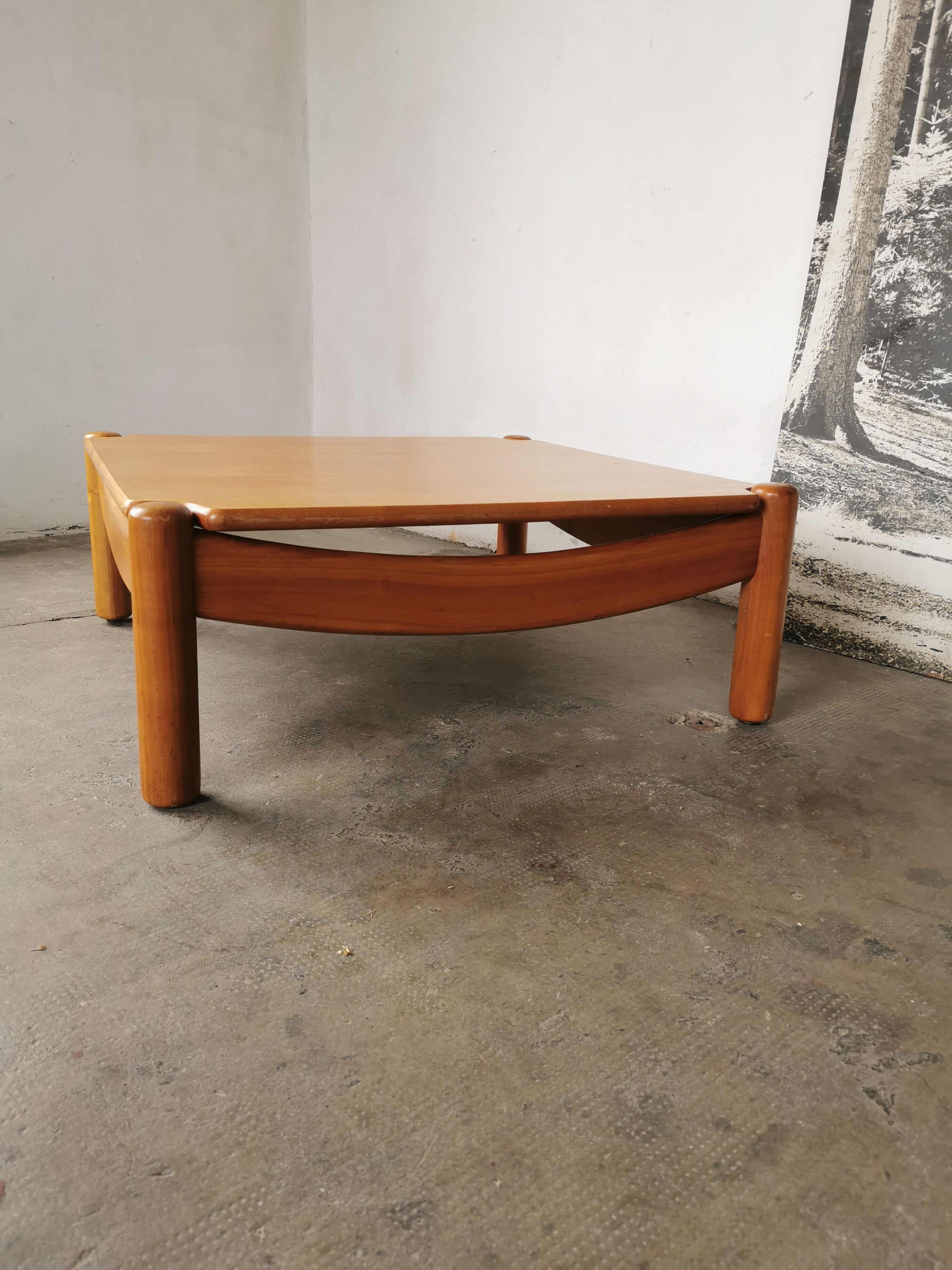 Square coffee table in solid blond wood 80s