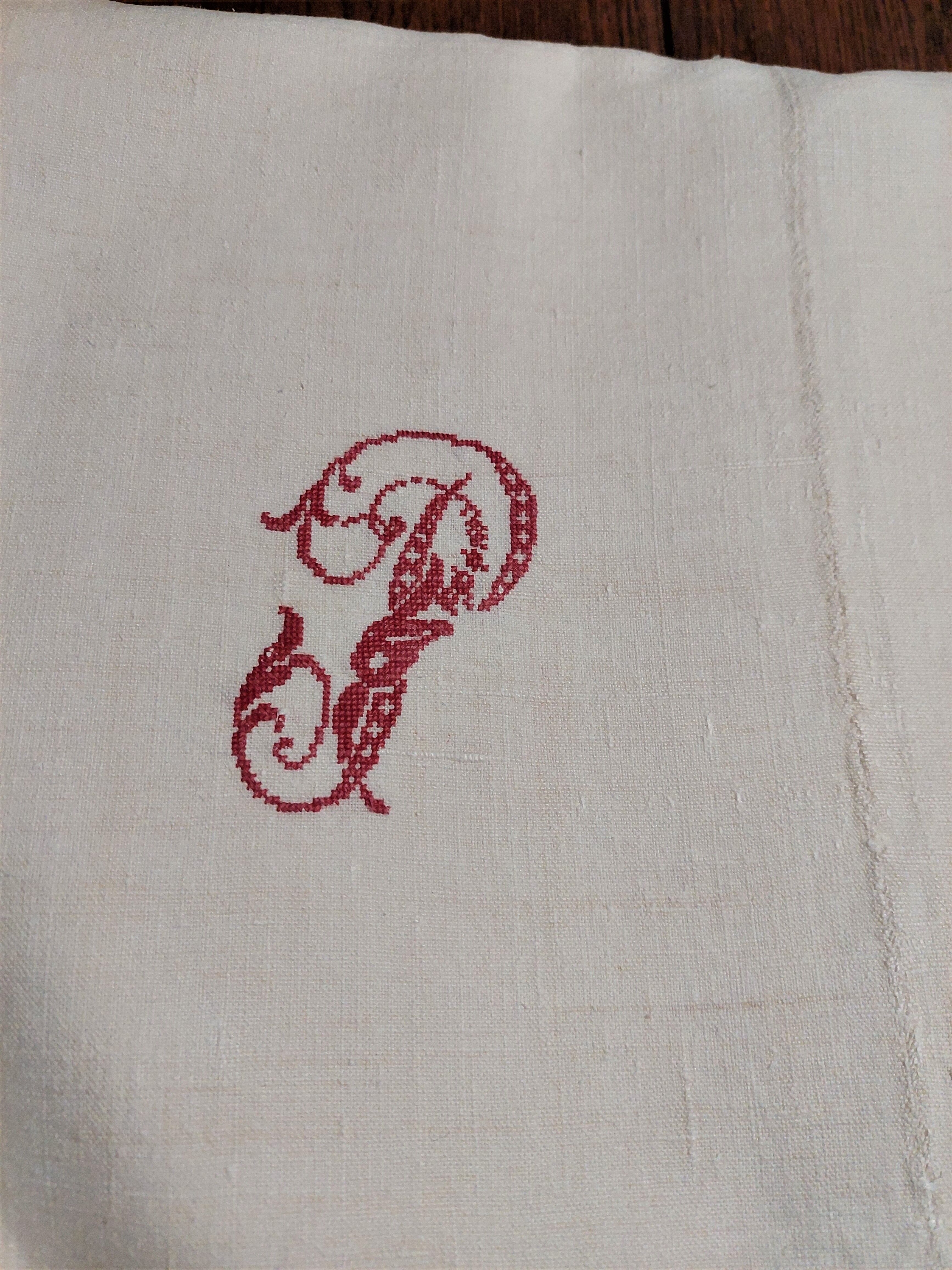Old sheet monogram red PB hemp 220 X 230 cm