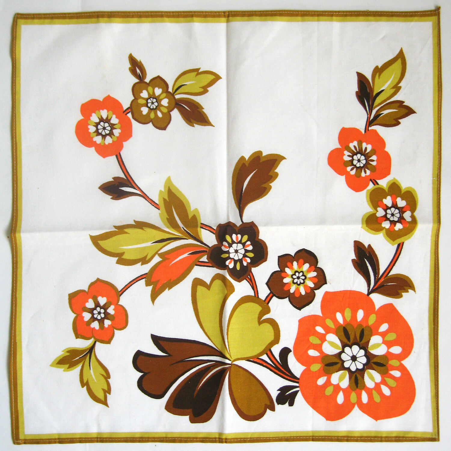 6 cotton napkins, orange and brown flower patterns on a white background - vintage 70s