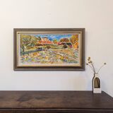 Mid-Century Modern Swedish "Fauvist Field" Vintage Landscape Oil Painting, Framed