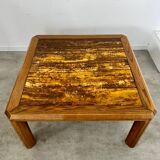 Ancienne table basse plateau marbre doré design années 70 pieds bois vintage