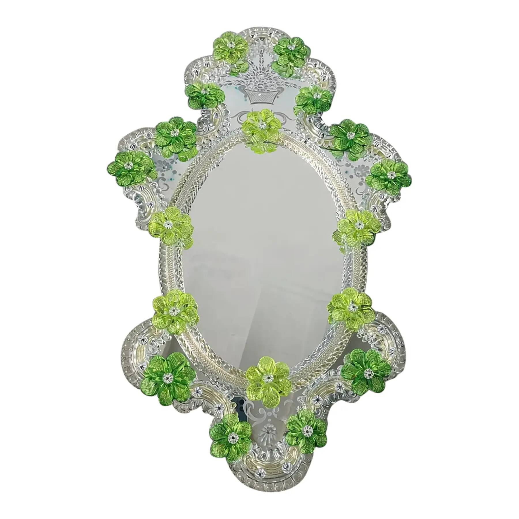 Venetian Oval Green Floral Hand-Carved Mirror – Italian 2000s Murano Glass