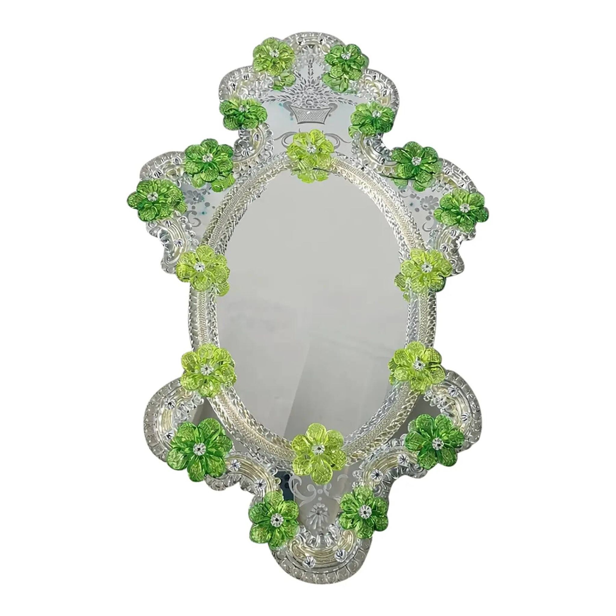 Venetian Oval Green Floral Hand-Carved Mirror – Italian 2000s Murano Glass