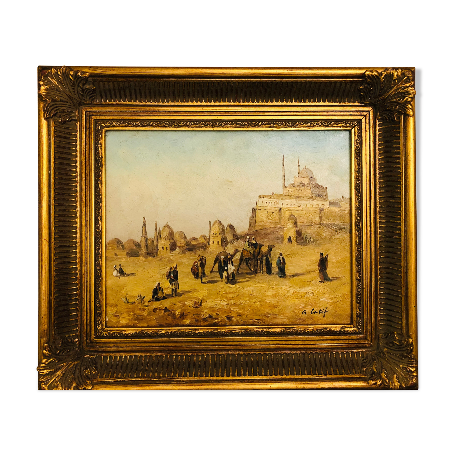 Oil on orientalist canvas camel market scene