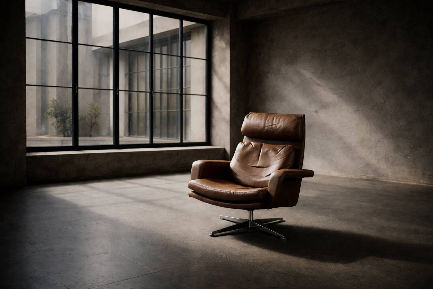 Vintage Mid-Century Danish Modern Brown Leather Swivel Chair and Ottoman